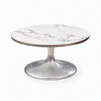 Table basse moderne avec plateau rond en marbre blanc, piétement tulipe en feuille d'argent et base en fibre de verre pour salon, personnalisable