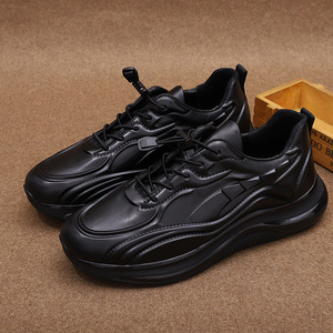 Chunky Shoes Genuine Leather Lace-up <b>Round</b> Toe Rubber Outsole EVA Midsole <b>Cushioned</b> Sporty Autumn Style Black - Product Image 3