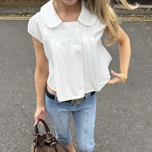 Peter Pan Collar A Line Short Sleeve Short Blouse Loose Fit Versatile Solid Color T Shirt Top for Women - Product Image 4