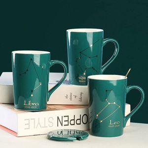 YC Creative Tasse en porcelaine avec couvercle et cuillère, cadeau accompagnant, logo imprimé Douze Constellations, résistante aux hautes températures, moderne - Product Image 4