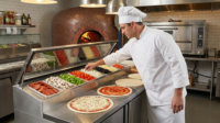 Table de préparation de salades commerciale avec réfrigérateur vitrine à 2 portes et refroidissement par air, dégivrage automatique pour pizzas et sandwichs
