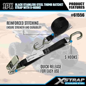 Xstrap 61556 1 Zoll x 10 Fuß Schwarzer Edelstahl Ratschengurt, S-Haken Inklusive, <span class=keywords><strong>255lb</strong></span> Tragkraft Ladungssicherungsgurt - Product Image 3
