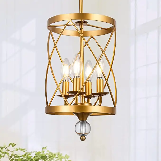 Modern Gold Fixtures 4-Light Metal Cylinder Cage Hanging Pendant Lantern Chandelier Light
