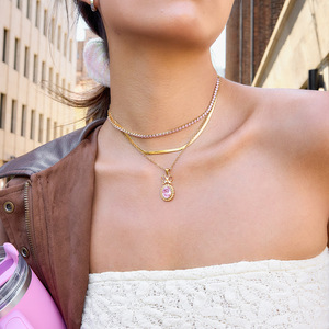 Stainless Steel Pink Zircon Pendant Necklace Bowknot Design Bezel Setting <b>Gift</b> Jewelry For Women - Product Image 2