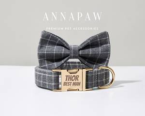 Laisse à carreaux gris, ensemble de chien personnalisé garçon, noeud papillon gravé pour collier de chiot pour cadeau de mariage, nom gratuit gravé - Product Image 2