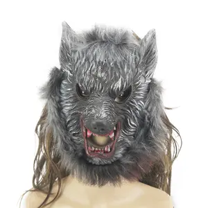 OEM万圣节恐怖动物面具嘉年华全脸毛茸茸的狼面具PU泡沫软狼面具带皮毛的角色扮演