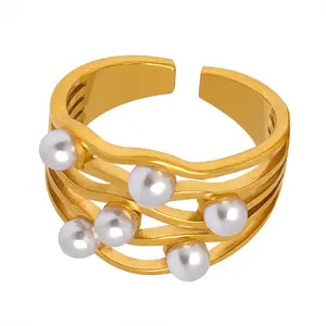 Vintage Corrugated Wave Imitation Pearl Ring 18k Gold Plated Jewelry Non Fade French Classical Simple Design Rings For Women