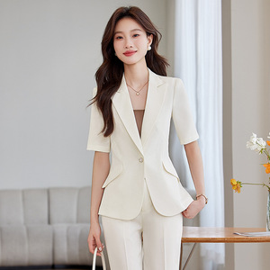 Pink Short Sleeve Women's Suit Set Summer Breathable Office Lady Style Polyester Fabric - Product Image 3