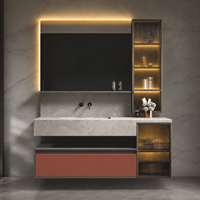 Meuble-lavabo flottant de luxe moderne avec vasque et miroir LED, armoire murale avec rangement en verre cannelé pour projets hôteliers