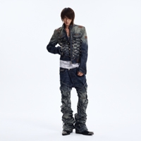Veste DiZNEW en denim bleu foncé délavé olive, à lacets croisés, boutons métalliques, col montant, imprimé DiZNEW, fabrication OEM