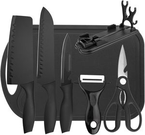 Ensemble de couteaux de cuisine professionnels noirs de 7 pièces, comprenant une planche à découper et un bloc à couteaux pour la cuisson - Product Image 4
