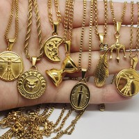 Collier Pendentif Tendance Personnalisé en Acier Inoxydable Plaqué Or 18K avec Boussole Lion Trident Saint Christophe et Pièce de Monnaie pour Hommes