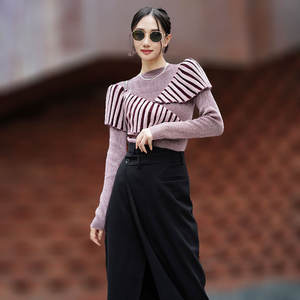 สเวตเตอร์ถักสำหรับผู้หญิงคอกลมแขนยาวแบบสวมหัวลายทางออกแบบได้ตามต้องการสำหรับฤดูหนาว - Product Image 4