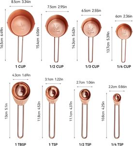 Ensemble de 8 tasses et cuillères à mesurer en acier inoxydable couleur or rose et cuivre avec règle de mesure gravée pour mesurer les ingrédients secs et liquides - Product Image 2