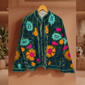 <b>Women's</b> Prairie Chic Floral Pattern Mandarin Collar Full Sleeve Autumn Wear Hand Embroidered <b>Velvet</b> <b>Jacket</b> - Product Image 1