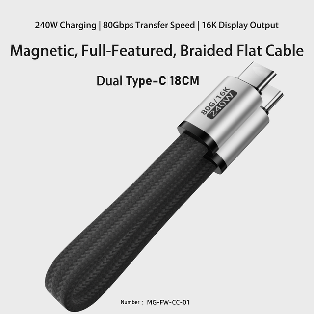 240W 80Gbps USB4 Type-C Cable Magnetic Braided Flat Cable 18cm 16K Video Output PD 3.1 Fast Charging for MaBook Phone
