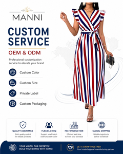 Abito da Donna Personalizzato, <span class=keywords><strong>Vestito</strong></span> Estivo Lungo <span class=keywords><strong>a</strong></span> <span class=keywords><strong>Righe</strong></span> Rosso <span class=keywords><strong>Bianco</strong></span> <span class=keywords><strong>Blu</strong></span> con Volant per Vacanze - Product Image 4