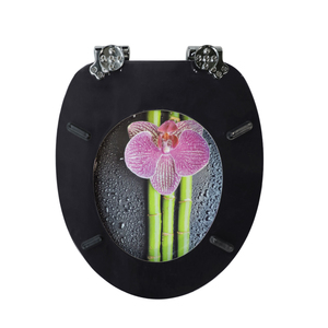 <span class=keywords><strong>Tapa</strong></span> de <span class=keywords><strong>Inodoro</strong></span> con Estampado de Orquídeas de Bambú Negro, Acabado Impermeable, con Bisagras de Cierre Suave de Metal Cromado para Inodoros Estándar - Product Image 3