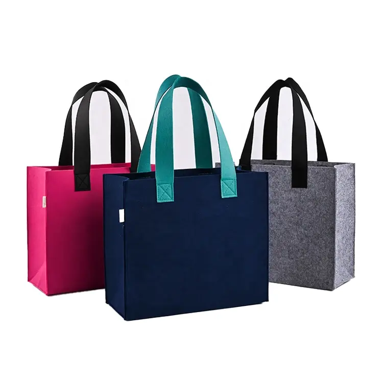 Storage High-Capacity Solid Color Shoulder Straps Custom Logo Felt Shopping Tote Bag For Women