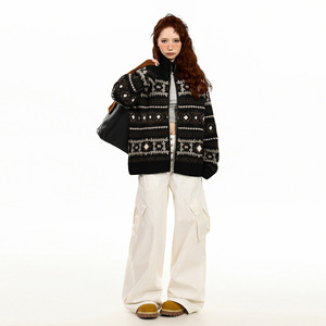 Autumn Thick Fair Isle Color Contrast Jacquard Zipper Closure Stand Collar Unisex Loose Preppy Style Knitted <strong>Cardigan</strong> <strong>Sweater</strong> - Product Image 4