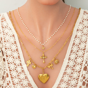 Fashion Layered Necklace 18K Gold Plated Imitation Pearl Heart <b>Cross</b> Pendant U Shape Clavicle <b>Chain</b> Multi Layer Jewelry - Product Image 1