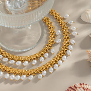 Da donna in acciaio inox impermeabile placcato oro 18K nappa collana di perle bracciale gioielli Set per matrimonio fidanzamento anniversario - Product Image 3