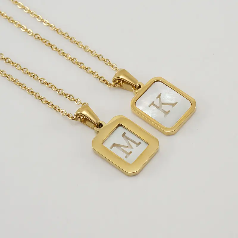 Stainless steel hollow shell alphabet necklace 18k gold plated square English alphabet pendant Customizable Charm Necklace