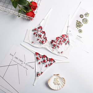 Sexy High Quality <b>Perspective</b> Mesh 2 Piece Lingerie Set Wholesale Flower Embroidery Underwear Set - Product Image 6