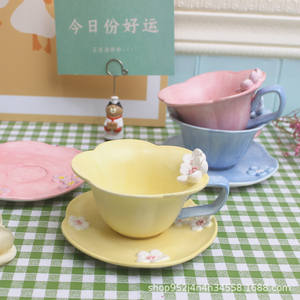 Ensemble tasse et soucoupe à café coréen simple, mug à relief tridimensionnel peint à la main - Product Image 3