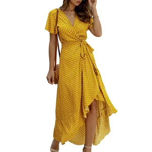 Neues Design Damen Langes Kleid Sommer Gelb Rüschen Wraps Maxi kleider Frauen