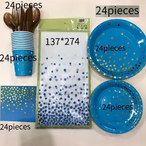 China Manufacturers Birthday Party Supplies Hot Stamping Blue Dots Disposable Paper Plate Kit