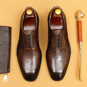 Zapatos Oxford de vestir de cuero genuino marrón con punta cuadrada, cordones, patrón en relieve, suela de goma transpirable, zapatos de hombre para carrera profesional. - Product Image 6