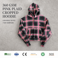 Sweat à capuche court zippé RAMAX 360GSM à carreaux roses, ourlet brut vieilli, style streetwear, pour femmes et hommes, personnalisable OEM ODM, vente en gros de vêtements