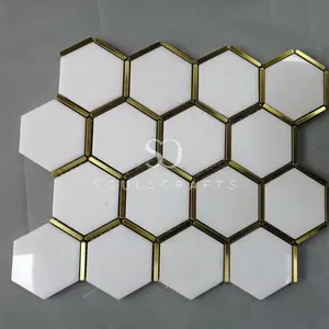 Soulscrafts 75mm Statuary White Thassos White Gold Stainless Steel Mixed Hexagon Marble Mosaic Tiles
