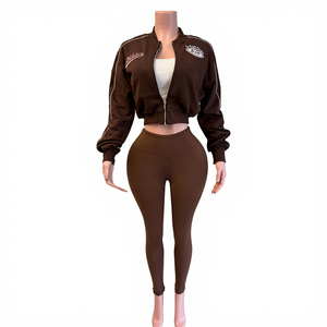 Conjunto de 2 Piezas de Moda para Mujer, Chaqueta Corta Ajustada con Cremallera y Bordado de Manga Larga y Pantalones, Chándal Informal - Product Image 1