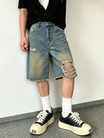 Nouveaux shorts en jean pour homme, style vintage, délavé, fortement déchiré, streetwear, coupe ample, jorts à ourlet brut, demi-pantalon