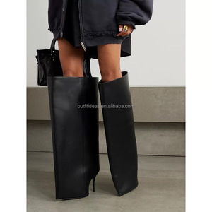Nouvelle Botte Haute pour Femme en Cuir de Veau Mat à Talon Aiguille, Volume Exagéré, Coupe Droite, Jambe Large, Modèle Wader 110mm, Noire - Product Image 1