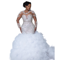 Robes de mariée sirène en dentelle blanche grande taille Aso Ebi 2024, dentelle luxueuse, strass, manches longues, volants, robe vintage