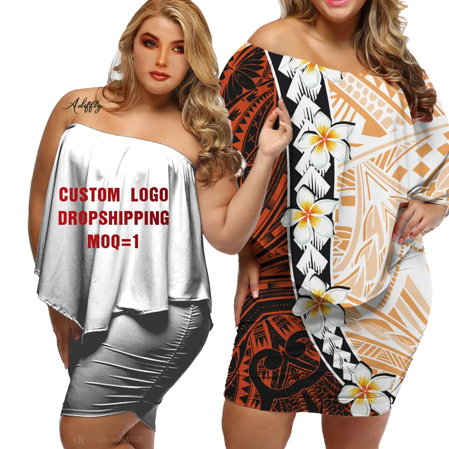 Custom Digital Print Casual Dress Short Sleeve Plus Size Women'S Dresses Custom Polynesian Tribal Design Off Shoulder Dress