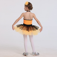 Gaun Tutu Balet Anak Warna Oranye dengan Kerah Halter, Berlapis, Bermotif Titik Hati untuk Pertunjukan Jazz & Tap, Pakaian Tari Panggung Honeybee