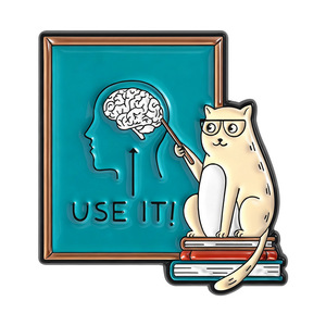 estudiante con excelentes notas, <span class=keywords><strong>profesor</strong></span> con <span class=keywords><strong>gafas</strong></span>, gato hablando sobre <span class=keywords><strong>el</strong></span> cerebro humano, eslogan, un creativo broche con forma de insignia - Product Image 5