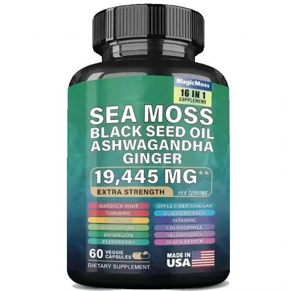OEM Private Label Sea Moss Black Seed Oil Ashwagandha Capsules Turmeric Bladderwrack Burdock Complex Immune Seamoss Capsule