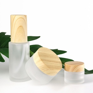 Empty Refillable Frosted <b>Glass</b> Cosmetic Cream Lotion Pump <b>Bottles</b> <b>With</b> Wood Grain <b>Lid</b> for Emulsion Essence Liquid - Product Image 2