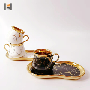 Set da tè turco in ceramica <span class=keywords><strong>tazza</strong></span> e piattino in porcellana con manico dorato Set di tazze da caffè per dessert espresso all'ingrosso - Product Image 4