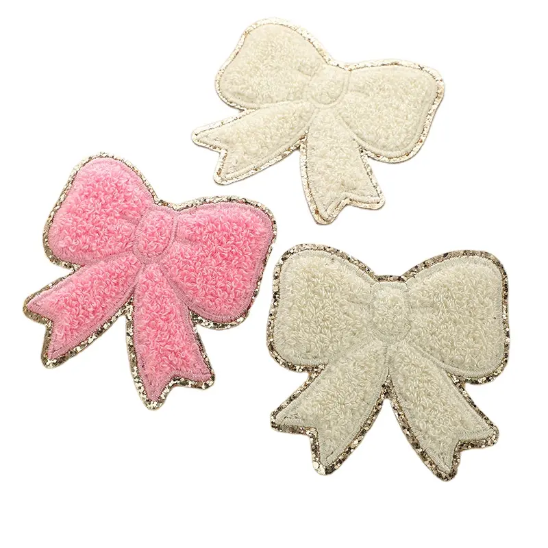 En gros Chenille Auto-Adhésif Arc Broderie Patchs Fer Sur/Bâton sur 3D DIY Bowknot Patch pour Vêtements