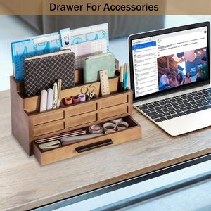 Wooden Desktop <b>Storage</b> <b>Box</b> With <b>Drawers</b> Compartmentalized Organizer For Stationery And Sundries Rectangle Shape - Product Image 3
