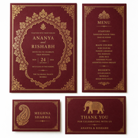 Suite de papeterie personnalisée pour mariage indien, couleur bordeaux, comprenant invitation, menu et marque-place, avec dorure or ornée, pour papeterie multiculturelle d'Asie du Sud