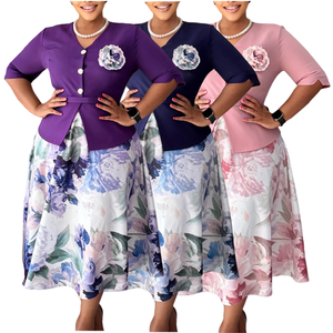 D628 Trendy Summer <strong>Dresses</strong> <strong>Women</strong> Casual Elegant Splice Two-piece Illusion Half Sleeve V-neck Printing Formal <strong>African</strong> <strong>Dresses</strong> - Product Image 1