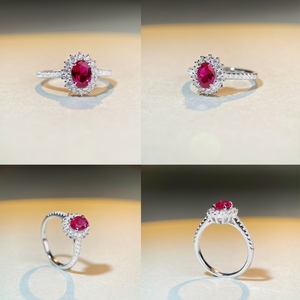 Anillo de Boda Clásico de Plata de Ley S925 con Rubí Rojo Ovalado Tipo Sangre de Pichón y Circonita Cúbica Roja, Chapado en Rodio de 18K - Product Image 4