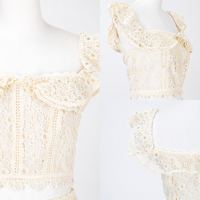 Haut court d'été pour femme, style bohème, en dentelle guipure tissée, col carré, double volant, sans manches, ajouré, pour fête et vacances